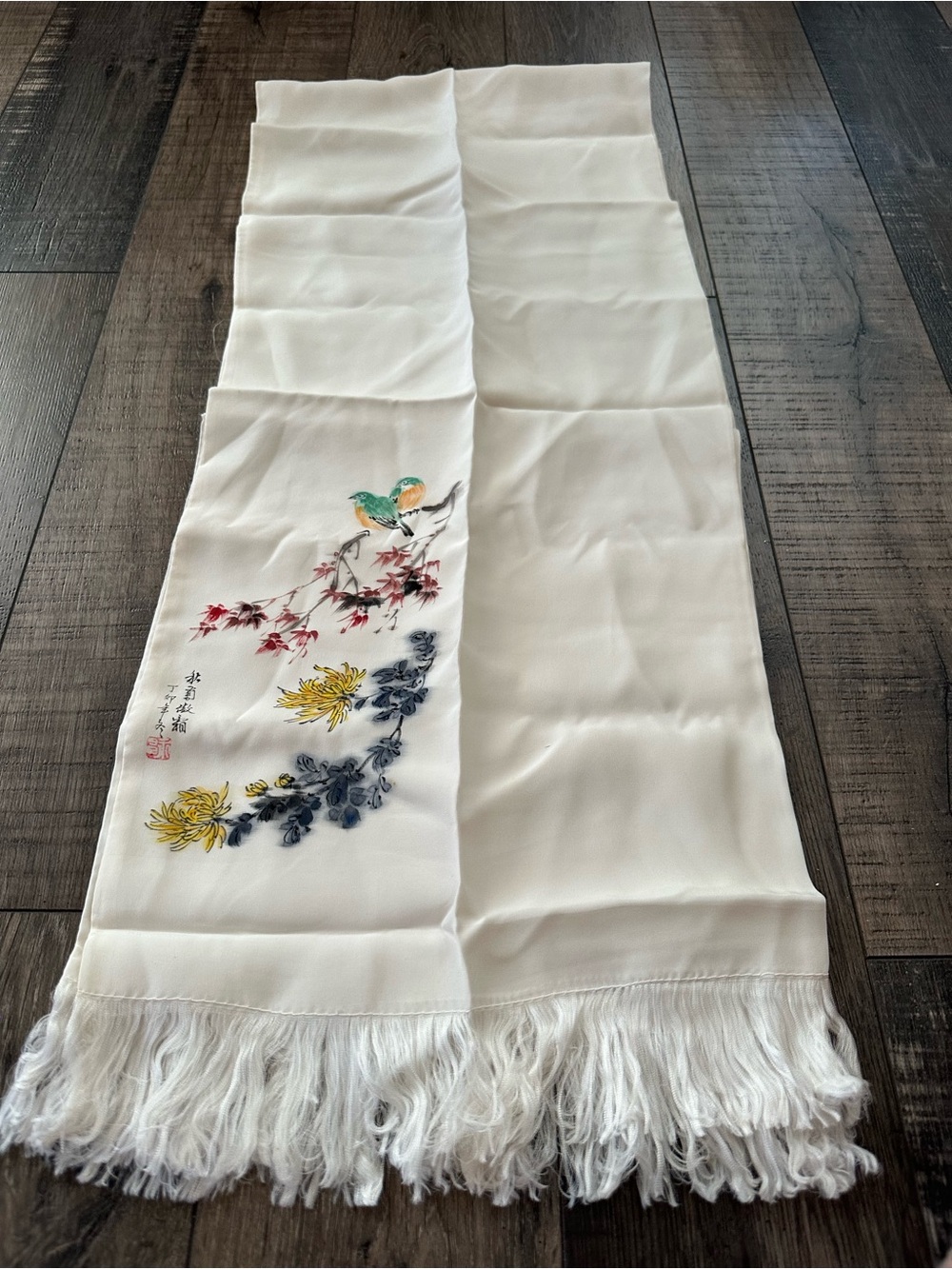 Vintage Chinese Watercolor Silk Scarf 53” With Fringe